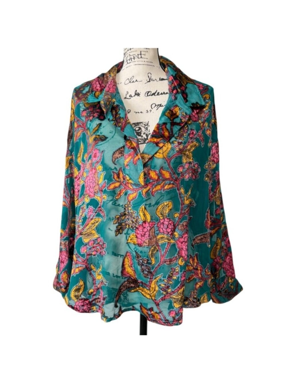 Aratta Silent Journey Women Size M Top Sheer Burnout Floral Teal Collar Oversize
